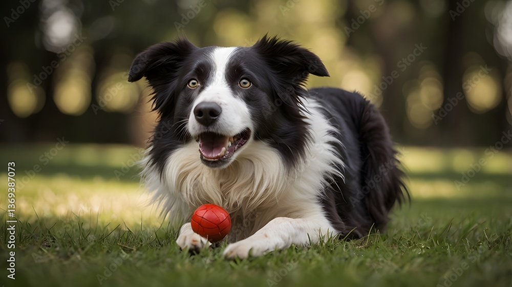 Border Collie with Red Ball on Grass