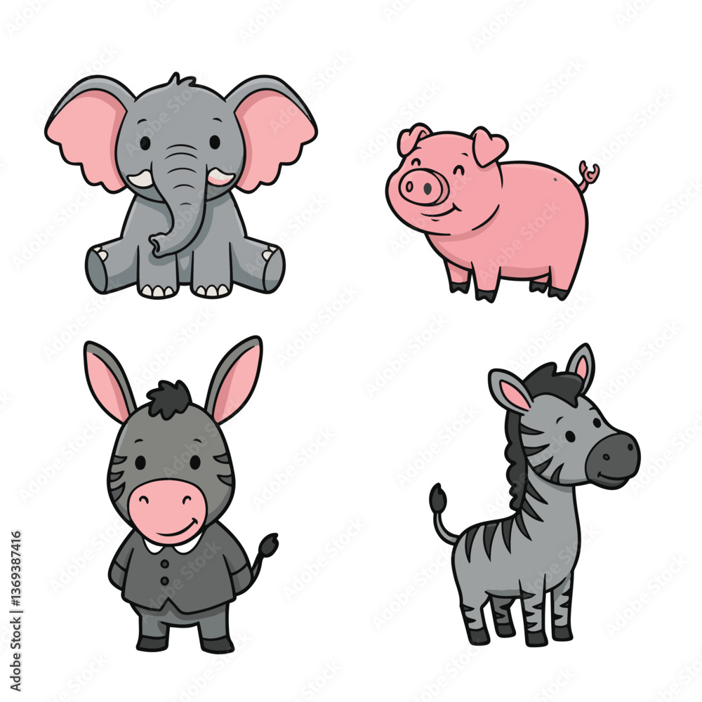 Obraz premium Charming Playful Cartoon Designs Featuring Elephant Pig Zebra Enhance Kids' Posters Learning Products Wall Art
