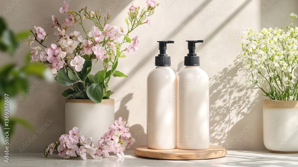 Elegant Arrangement of Soap Bottles with Fresh Flowers and Plants Elegant Arrangement of Soap Bottles with Fresh Flowers and Plants