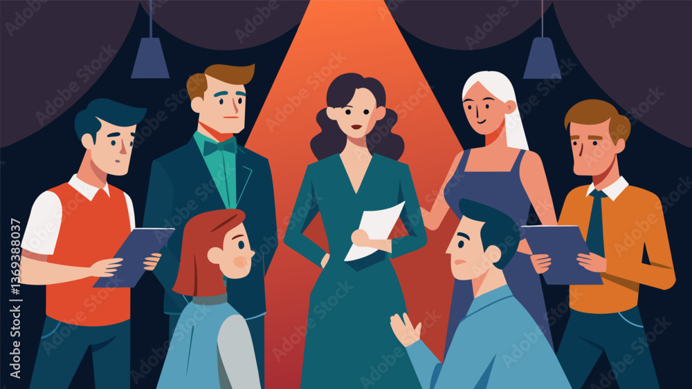 Obraz premium An intense focus washes over the cast as they rehe a difficult scene determined to deliver a topnotch performance.. Vector illustration
