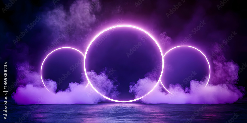 Abstract 3D Background: Glowing Neon Circles Immersed in Purple Smoke, Creating a Futuristic and Mystical Atmosphere Abstract 3D Background: Glowing Neon Circles Immersed in Purple Smoke, Creating a Futuristic and Mystical Atmosphere