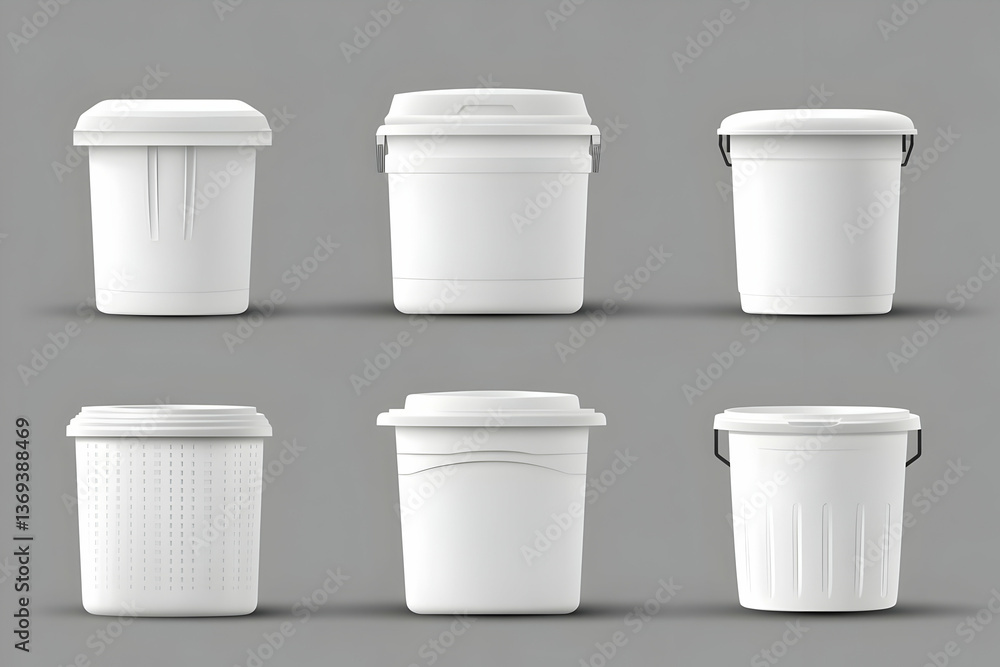 Six Realistic 3D Models of White Plastic Buckets with Varying Designs and Lids for Storage or Packaging. Six Realistic 3D Models of White Plastic Buckets with Varying Designs and Lids for Storage or Packaging.