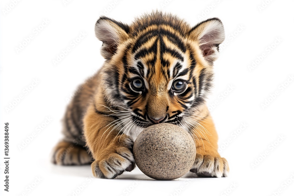 Fototapeta premium A striking Bengal tiger cub playing with a ball, set against a pure white background. 