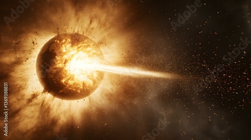 Fototapeta Naklejka Na Ścianę i Meble -  The image shows a planet being destroyed by a massive explosion, with debris and energy radiating outwards into space.  A brilliant beam of light shoots out from the point of impact.