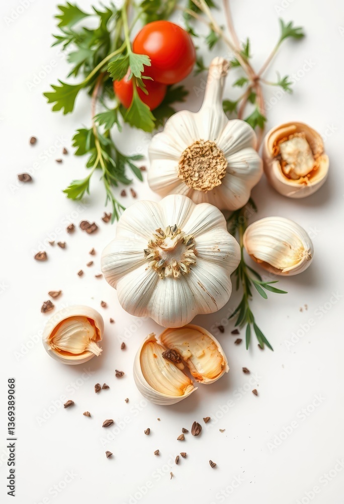 Aromatic garlic cloves and fresh herbs arranged on pristine white background, overhead shot, white background, flat lay Aromatic garlic cloves and fresh herbs arranged on pristine white background, overhead shot, white background, flat lay