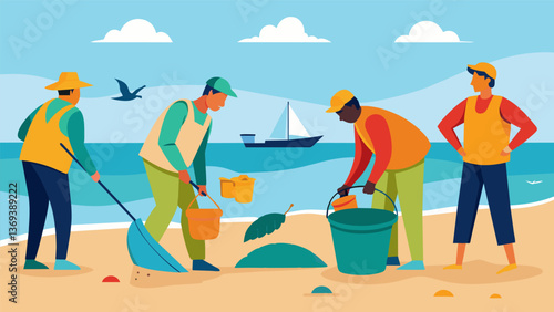 A group of fishermen participating in a beach cleanup to remove any litter and prevent it from negatively affecting marine life.. Vector illustration