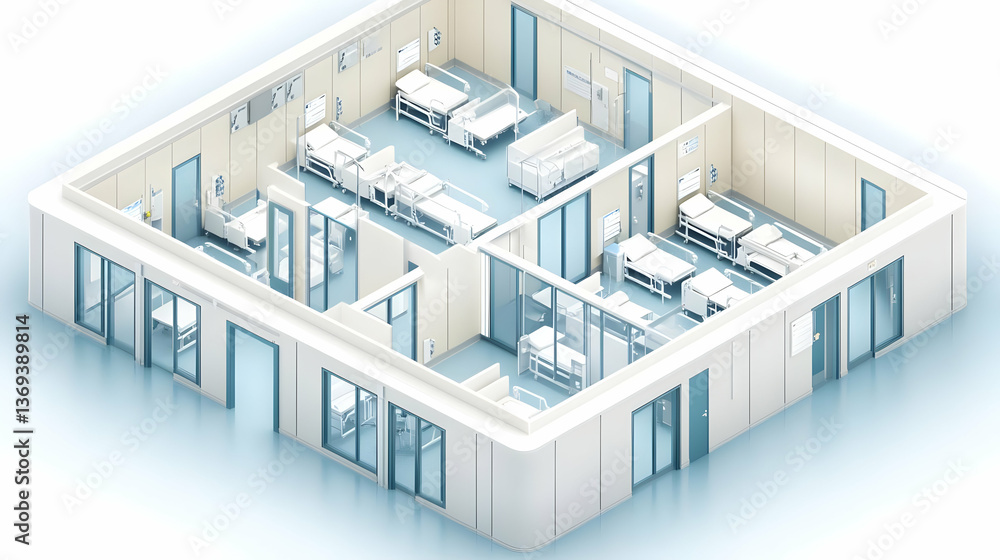 3D Isometric Illustration of a Modern Hospital Ward with Multiple Beds and Sliding Doors, Depicting Efficient Healthcare Space Design 3D Isometric Illustration of a Modern Hospital Ward with Multiple Beds and Sliding Doors, Depicting Efficient Healthcare Space Design
