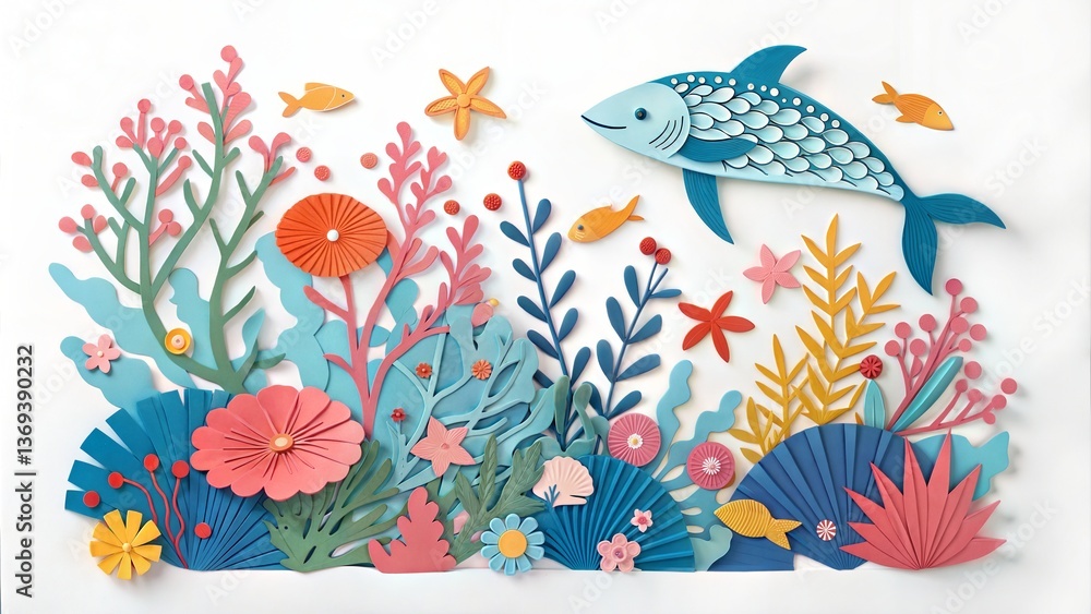 Abstract cut paper flowers isolated white expression ocean sea creatures coral fish Abstract cut paper flowers isolated white expression ocean sea creatures coral fish