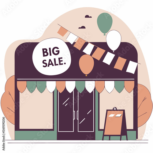 Colorful storefront celebrating big sale with festive decorations  