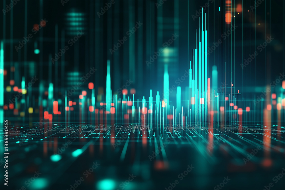 Panoramic abstract backdrop with stock market growth down, digital financial chart graphs and indicators Panoramic abstract backdrop with stock market growth down, digital financial chart graphs and indicators
