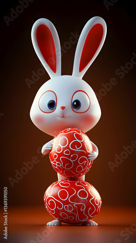 3D Render of Cute Cartoon Bunny Holding Decorated Easter Eggs