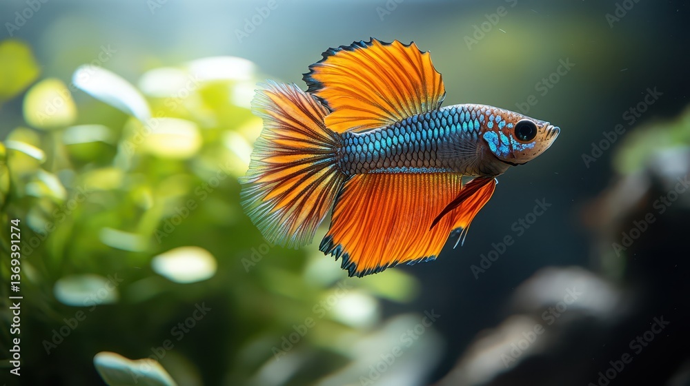 Brightly Colored Guppy Fish Swimming Gracefully in Clear Water Surrounded by Green Aquatic Plants in a Natural Aquarium Setting Brightly Colored Guppy Fish Swimming Gracefully in Clear Water Surrounded by Green Aquatic Plants in a Natural Aquarium Setting