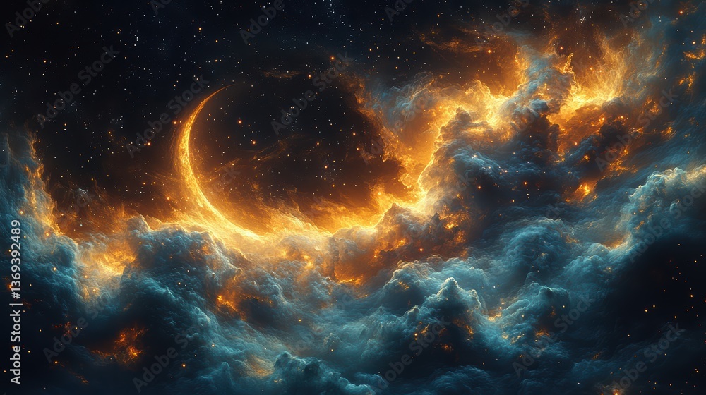 Fototapeta premium High Fidelity Digital Painting of Silk Fabric with Swirling Patterns and Celestial Elements Creating a Dreamlike Aesthetic Atmosphere