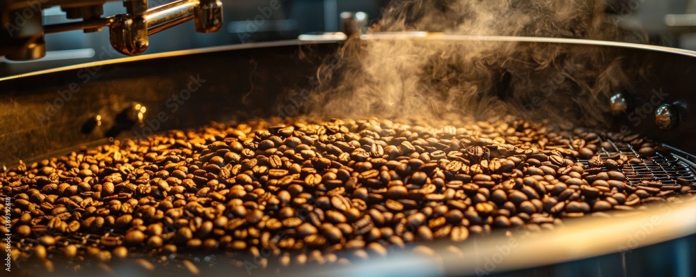 Roasting coffee beans in a large metallic drum with steam rising. Roasting coffee beans in a large metallic drum with steam rising.