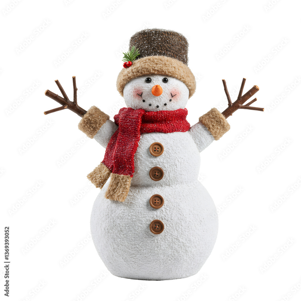 Cheerful Snowman Christmas Decoration with Red Scarf and Brown Hat Cheerful Snowman Christmas Decoration with Red Scarf and Brown Hat