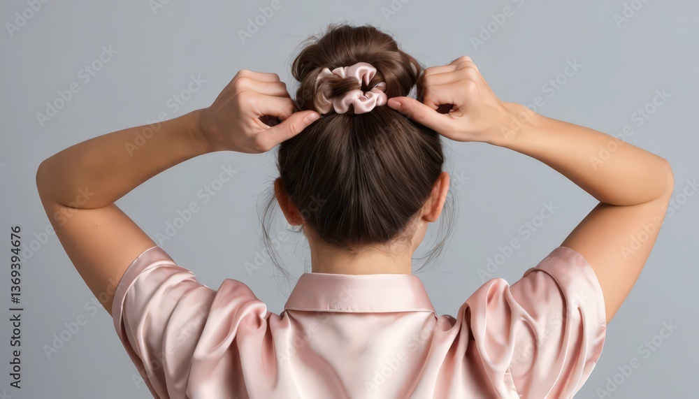 Naklejka premium Woman Styling Hair with Scrunchie: Back View