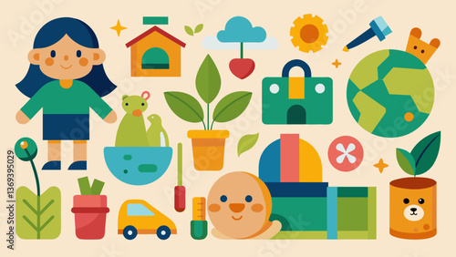 A selection of earthfriendly toys and accessories for kids including ecofriendly art supplies and sustainable wooden toys.. Vector illustration