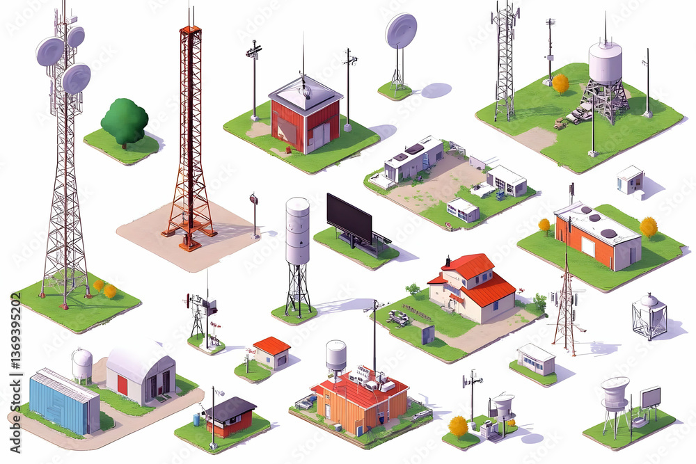 Isometric Illustration of Communication Towers, Utility Structures, and Buildings in a Rural Setting