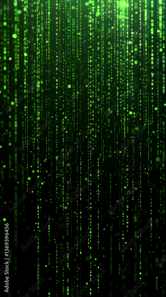 Abstract Green Digital Rain Background: Glowing Matrix-Style Code Descending with Luminous Particles Abstract Green Digital Rain Background: Glowing Matrix-Style Code Descending with Luminous Particles