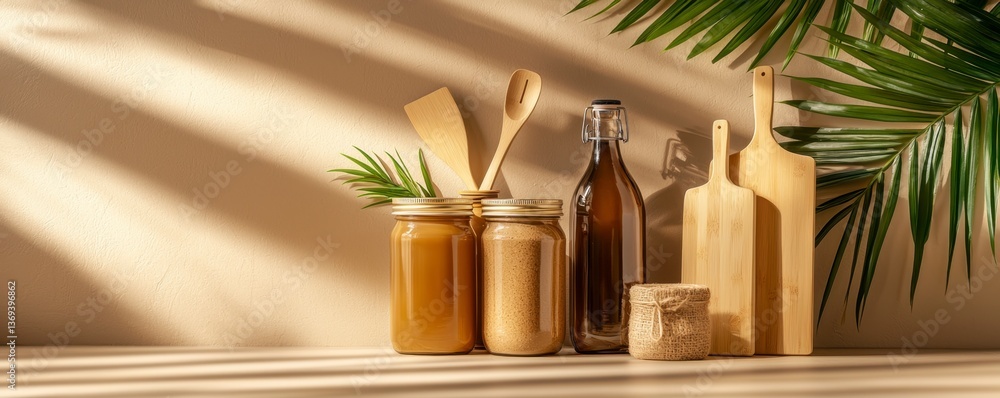 This image showcases a collection of eco-friendly kitchen products, all meticulously arranged to create an aesthetically pleasing flat lay The composition features bamboo utensils, elegantly designed This image showcases a collection of eco-friendly kitchen products, all meticulously arranged to create an aesthetically pleasing flat lay The composition features bamboo utensils, elegantly designed