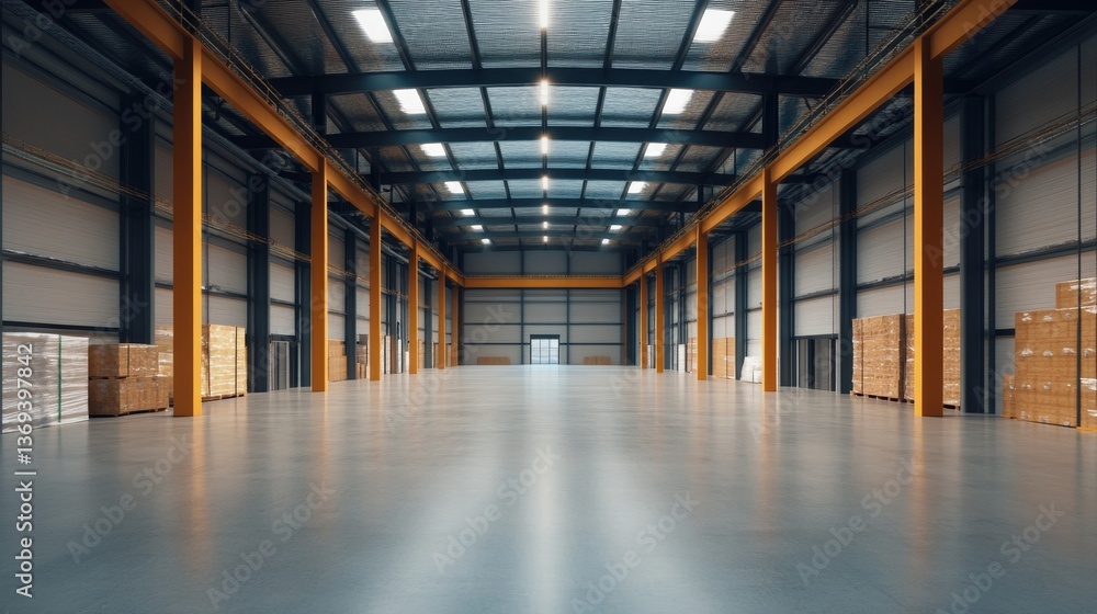 Spacious warehouse interior with stacked boxes, bright lighting, and clean floors Spacious warehouse interior with stacked boxes, bright lighting, and clean floors