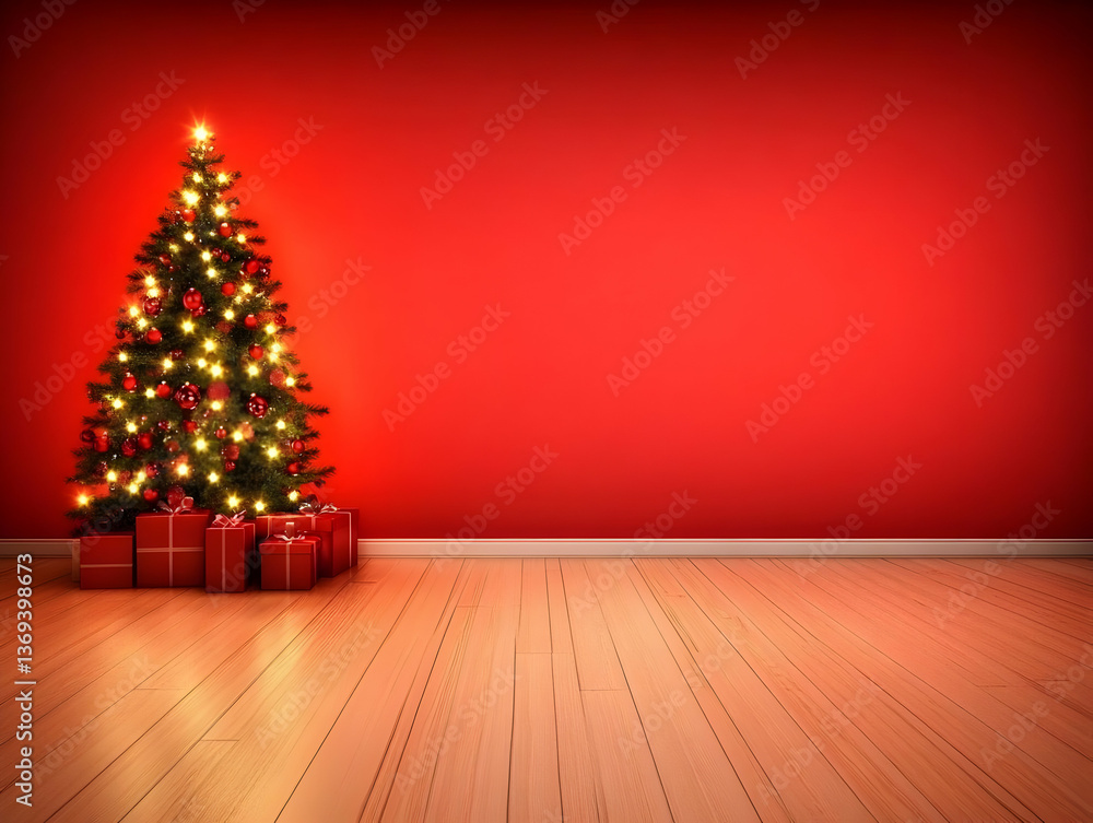 3D Render of a Decorated Christmas Tree with Gifts Against a Red Wall and Wooden Floor 3D Render of a Decorated Christmas Tree with Gifts Against a Red Wall and Wooden Floor