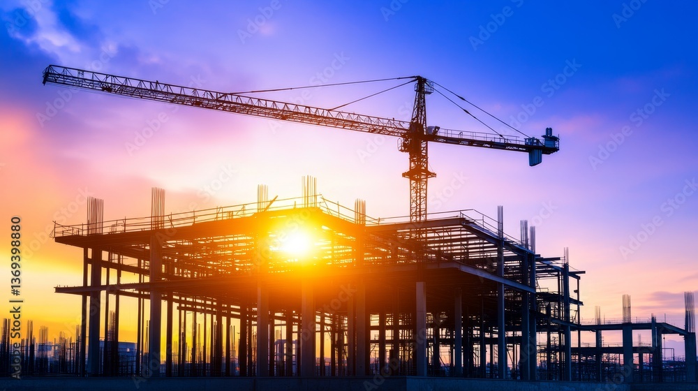 Construction site at sunset with a crane lifting materials against a colorful sky Construction site at sunset with a crane lifting materials against a colorful sky
