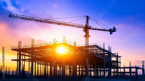 Construction site at sunset with a crane lifting materials against a colorful sky