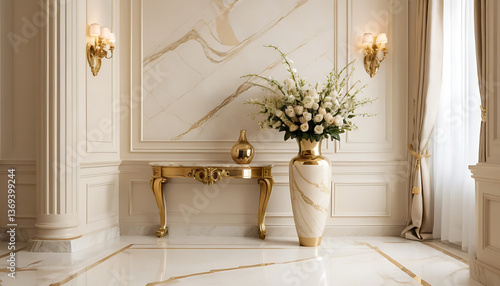 Elegant Interior Featuring Vase with White Flowers, Gold Accents and Marble