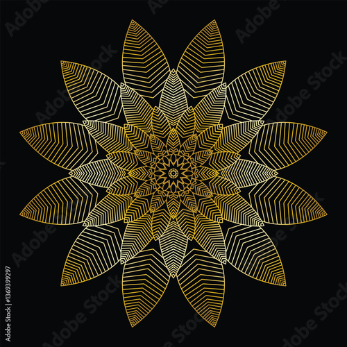 Intricate gold and white mandala with a central geometric pattern and layered petals on a black background. Fine lines add elegance, blending traditional Indian mandala art with a modern, high-quality