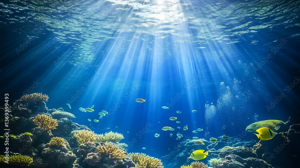 Naklejka premium Vibrant underwater scene with sun rays illuminating coral reefs and diverse fish species during midday in a tropical ocean