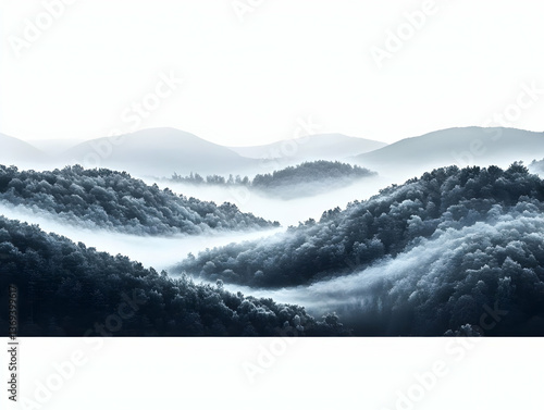 Misty Mountains and Forests: A Serene Digital Illustration of Rolling Hills Cloaked in Fog, Creating a Dreamlike Atmosphere.