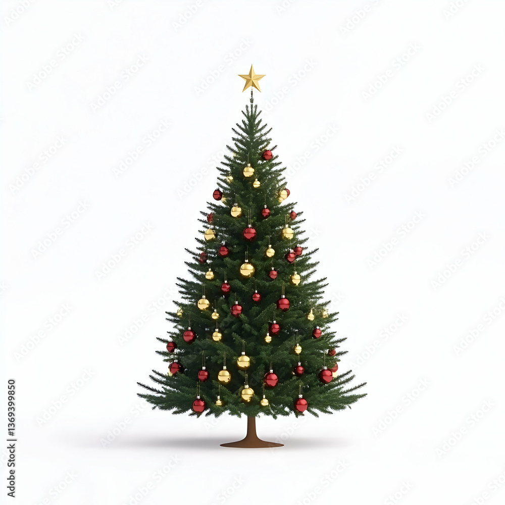 3D Render of a Decorated Christmas Tree with Red and Gold Ornaments against a White Background 3D Render of a Decorated Christmas Tree with Red and Gold Ornaments against a White Background