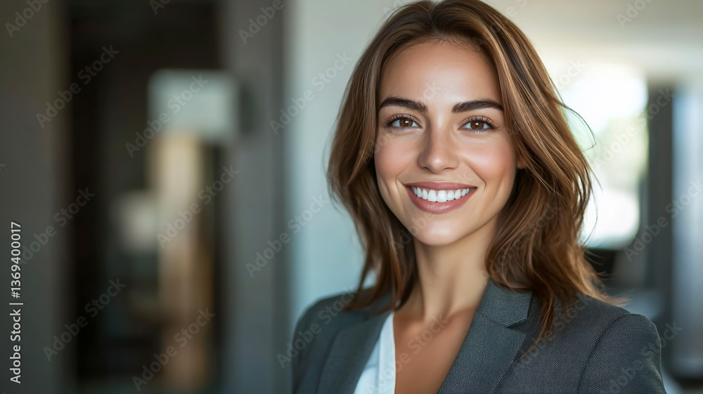 Close-up portrait of a beautiful, smiling businesswoman wearing a suit, standing in an office, looking at the camera with a happy facial expression and brown hair Close-up portrait of a beautiful, smiling businesswoman wearing a suit, standing in an office, looking at the camera with a happy facial expression and brown hair