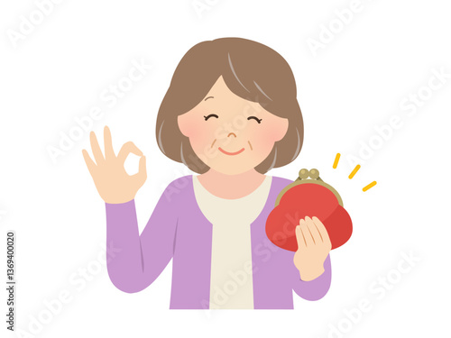 財布を持ってオッケーサインを出すシニア女性のベクターイラスト