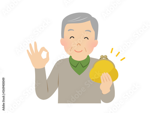 財布を持ってオッケーサインを出すシニア男性のベクターイラスト