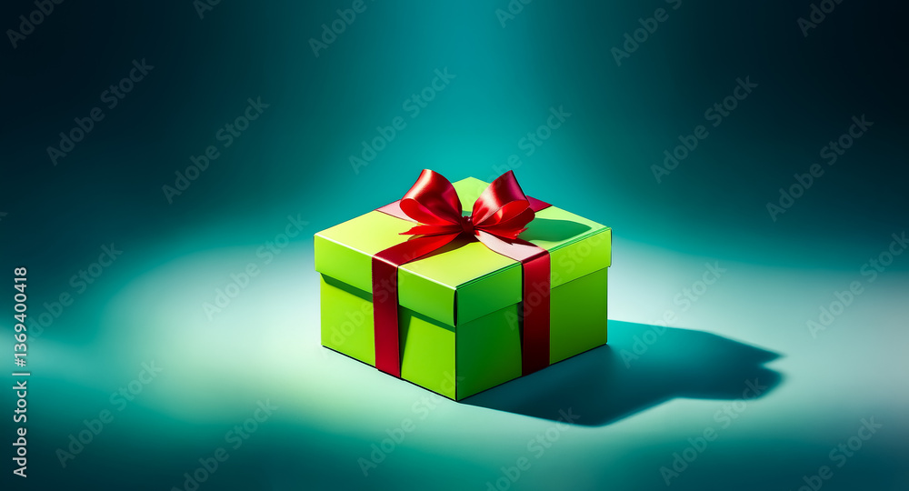Obraz premium A vibrant green gift box adorned with a bright red ribbon sits under a spotlight, creating a festive and celebratory atmosphere. The box is simple and square.
