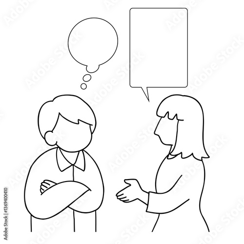 説明する女性と考える男性の線画イラスト　吹き出し付き