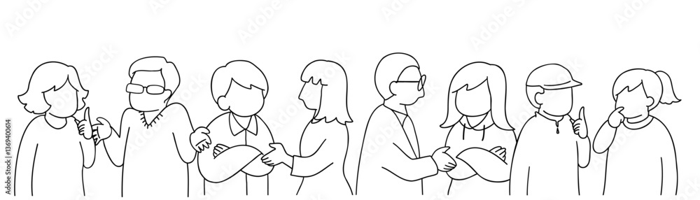 いろいろな人々が話し合っている線画イラスト いろいろな人々が話し合っている線画イラスト