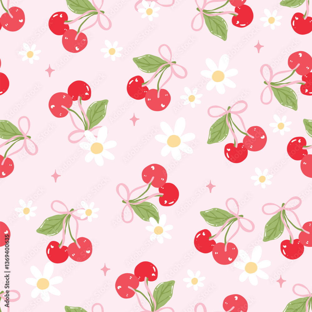 Fototapeta premium Kawaii Cherry Daisy Seamless Pattern | Pink Fruit and Floral Repeat Background for Fabric, Scrapbook, Wallpaper