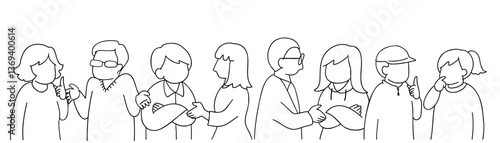 いろいろな人々が話し合っている線画イラスト