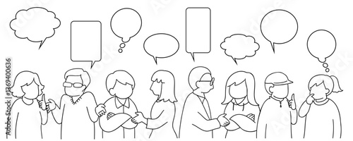 いろいろな人々が話し合っている線画イラスト　吹き出し付き