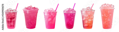 Collection of iced pink soft drink in a platic takeaway cup isolated on a transparent or white background, take away drinks concept, cut-out, PNG