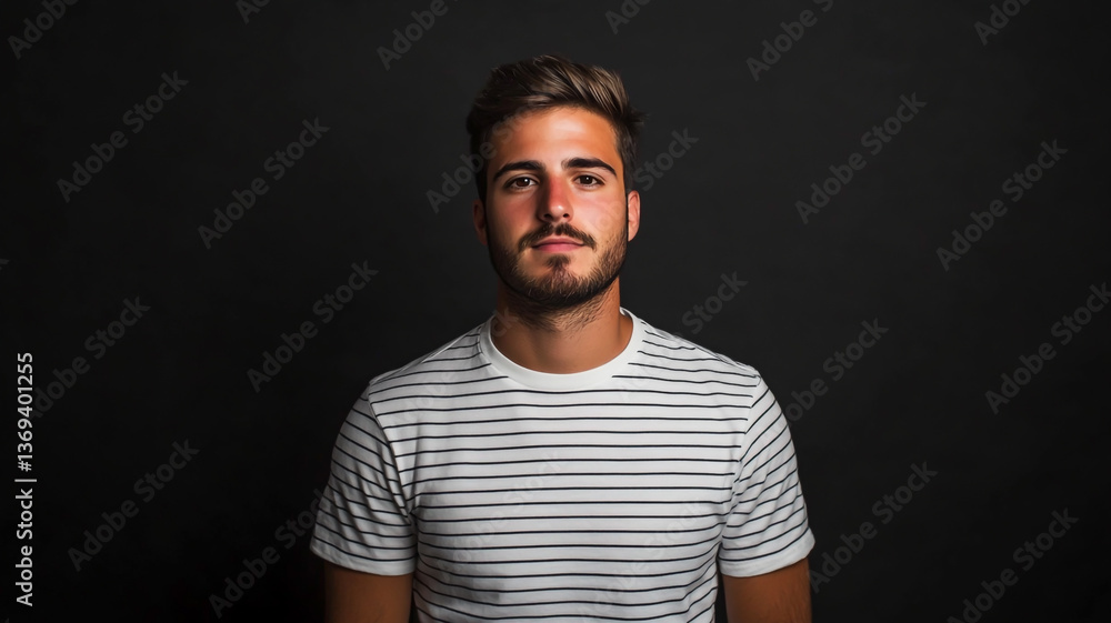 Photo of a man in a white striped t-shirt against a black background, with the logo. This appears to be a studio portrait shot Photo of a man in a white striped t-shirt against a black background, with the logo. This appears to be a studio portrait shot