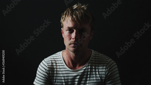 Photo of a man in a white striped t-shirt against a black background, with the logo. This appears to be a studio portrait shot