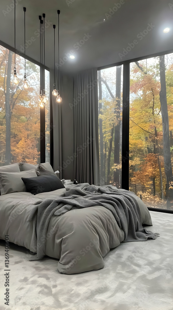 Serene Bedroom with Gray Bedding and Autumnal Forest View, Illuminated by Pendant Lights