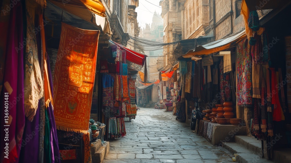 Obraz premium Bustling narrow alleyway lined with colorful fabric shops displaying hanging textiles in vibrant saffron and crimson, local vendors arranging handpainted ceramic pottery, ancient stone temples and