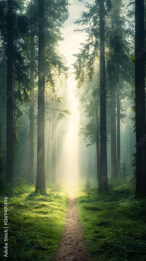 Fototapeta premium Misty forest path bathed in sunlight