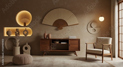 Minimalist console table with artistic decor and a statement fan wall piece in warm natural tones.
