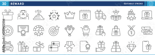 A set of line icons related to Reward. Award, success, gift, box, medal, success, ticket, star, bonus, winner, and so on. Vector editable stroke.